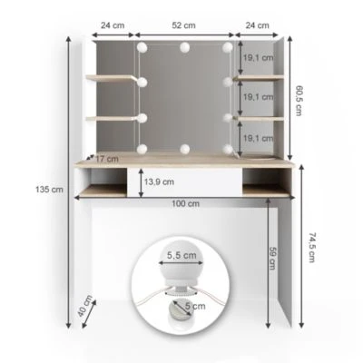 Vicco LED Schminktisch DAENERYS Weiß-Sonoma Frisiertisch Frisierkommode Spiegel 3 Vicco LED Schminktisch DAENERYS Weiß-Sonoma Frisiertisch Frisierkommode Spiegel - Image 3