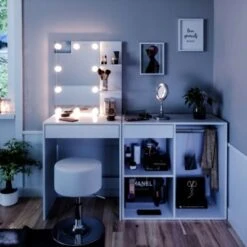 Vicco Schminktisch Frisiertisch Isabelle LED-Beleuchtung Hocker Beistellschrank