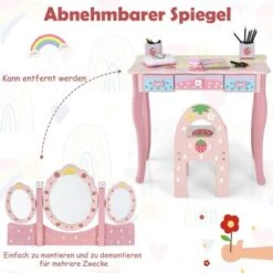 COSTWAY® Schminktisch Erdbeermuster Mit Spiegel & Hocker -Spielzeug Geschaft 23263777 05