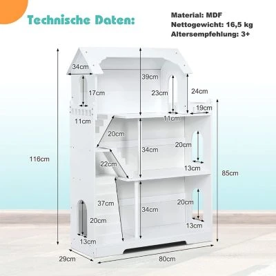 COSTWAY® Puppenhaus Kinderregal 81x29x116cm 6 COSTWAY® Puppenhaus Kinderregal 81x29x116cm - Image 6