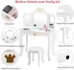COSTWAY® Schminktisch Mit Hocker & 3-Fach Spiegel Kronenmuster -Spielzeug Geschaft 23416453 03