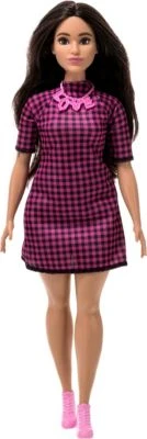 Barbie Fashionistas Puppe Im Pink-schwarz-karierten Kleid, Kurvig, „Love“ Halskette, Für Kinder Von 3 Bis 8 Jahren