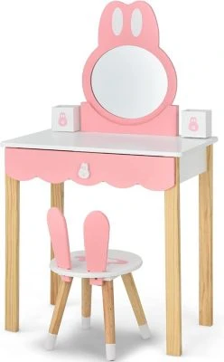 COSTWAY® Schminktisch Kaninchenform Mit Spiegel & Hocker 1 COSTWAY® Schminktisch Kaninchenform Mit Spiegel & Hocker