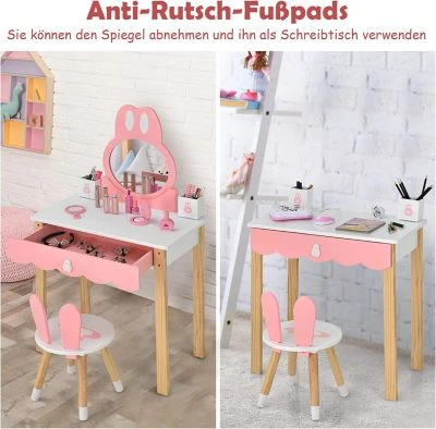 COSTWAY® Schminktisch Kaninchenform Mit Spiegel & Hocker 3 COSTWAY® Schminktisch Kaninchenform Mit Spiegel & Hocker - Image 3