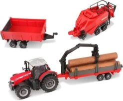 Bburago Modelltraktor Traktor - Massey Ferguson 8740S Mit 3 Verschiedenen Anhängern (10cm)